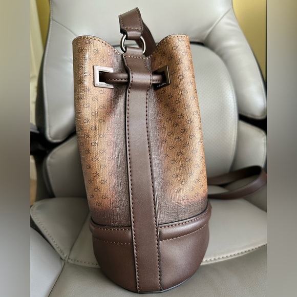 Calvin Klein Coated Canvas w/Leather Bucket CrossbodyBag, Brown/Tan Color - Picture 4 of 13